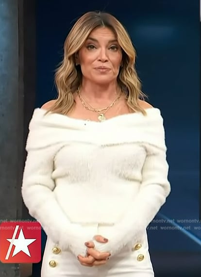 Kit’s white fuzzy off shoulder sweater on Access Hollywood