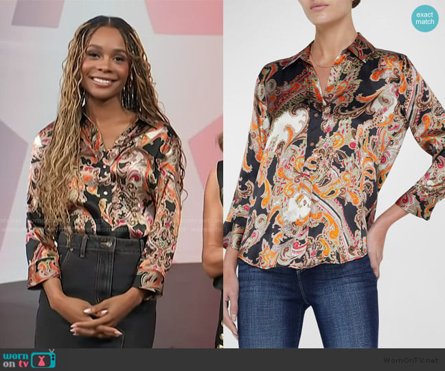 L'Agence Dani Printed Silk Button-Front Shirt worn by Zuri Hall on Access Hollywood