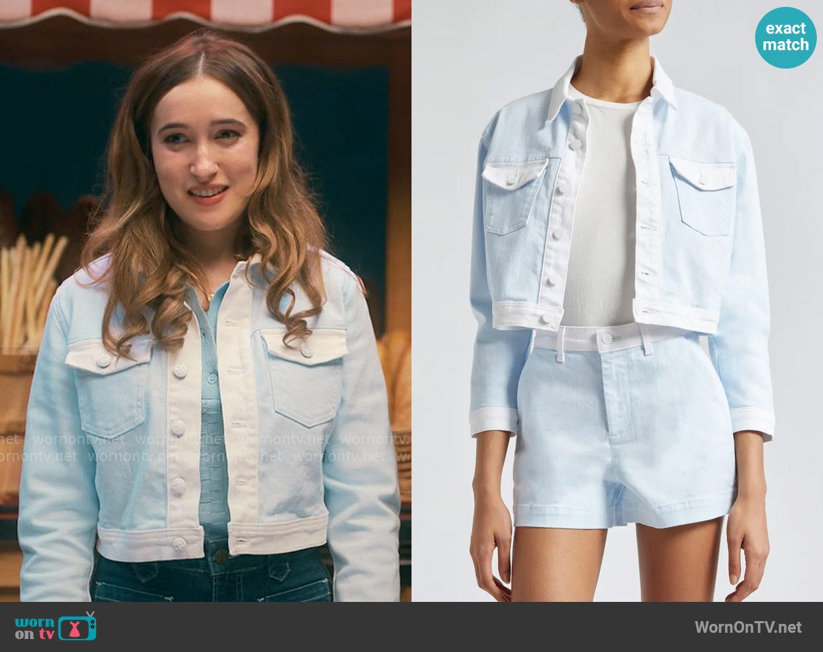 L'Agence Koda Colorblock Crop Jacket in Ice Water worn by Kacey (Gracie Lawrence) on The Sex Lives of College Girls