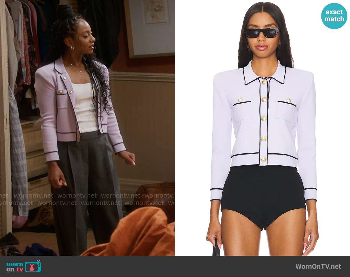 L'Agence Neo Cont Trim Crop Cardi in Pale Lilac / Midnight worn by Nina (Tetona Jackson) on Poppas House
