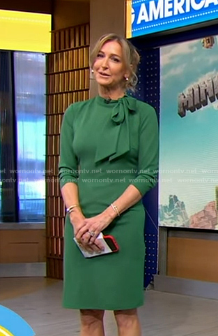 Lara’s green tie neck sheath dress on Good Morning America