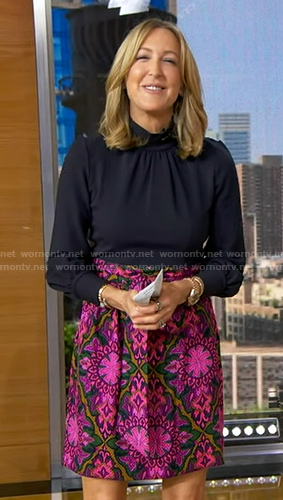 Lara’s navy top and pink floral skirt on Good Morning America