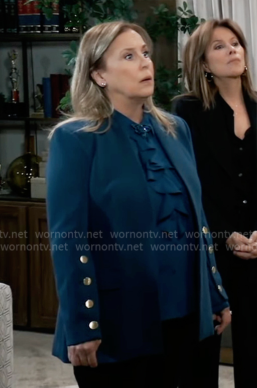 Laura’s teal ruffle blouse and blazer on General Hospital