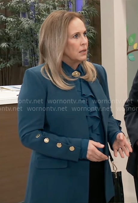 Laura’s teal ruffle blouse and blazer on General Hospital