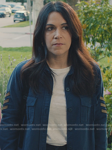 Leslie’s blue military patch shirt on No Good Deed