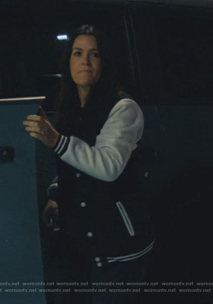 Leslie’s black and white bomber jacket on No Good Deed
