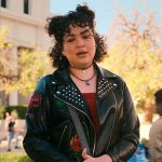 Lila’s floral leather jacket on The Sex Lives of College Girls