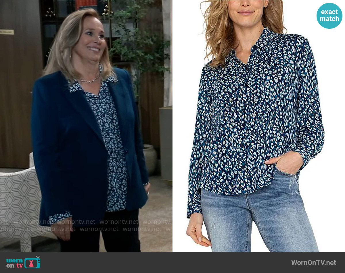 Liverpool Los Angeles Animal Printed Shirt in Blue Topaz Multi worn by Laura Collins (Genie Francis) on General Hospital