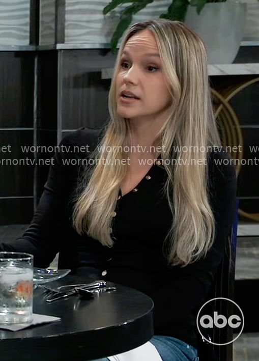Lulus’s black buttoned front v-neck top on General Hospital