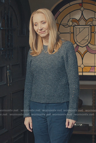 Lydia’s gray pointelle knit sweater on No Good Deed