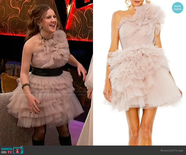 Mac Duggal Ruffle Tulle One-Shoulder Minidress in Mauve worn by Sydney Sterlace on The Voice