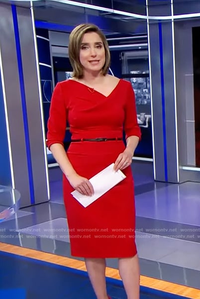 Margaret’s’s red asymmetric neck dress on CBS Evening News