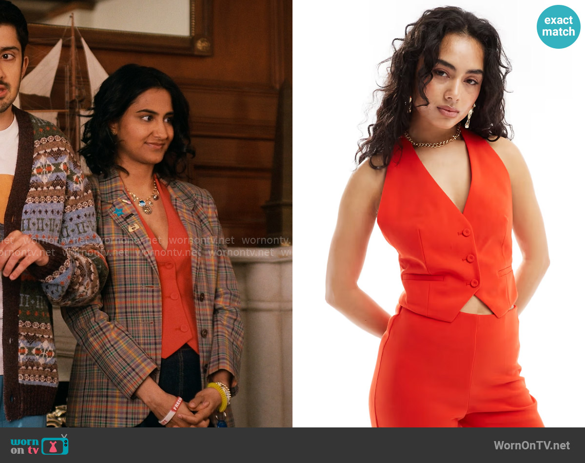 Mango Vest in red worn by Bela Malhotra (Amrit Kaur) on The Sex Lives of College Girls