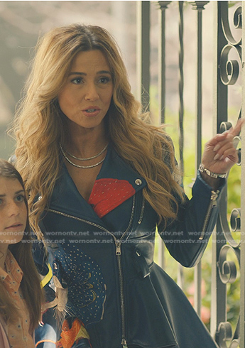 Margo’s blue printed peplum leather jacket on No Good Deed