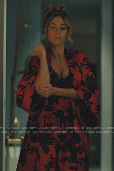 Margo’s red floral print chemise and robe on No Good Deed