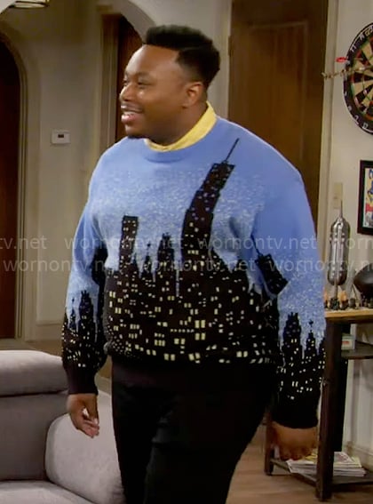 Marty’s city print sweater on The Neighborhood