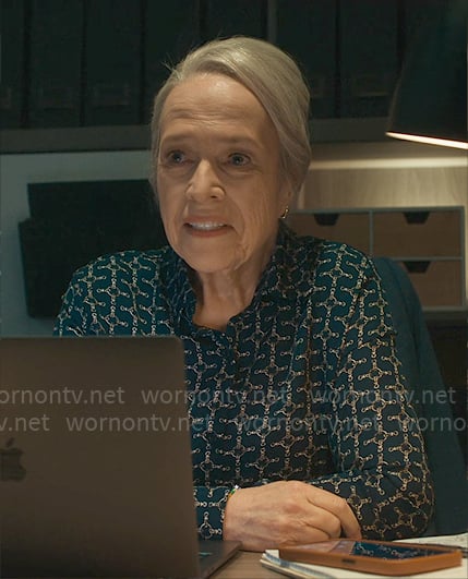 Madeline’s teal chain print shirt on Matlock