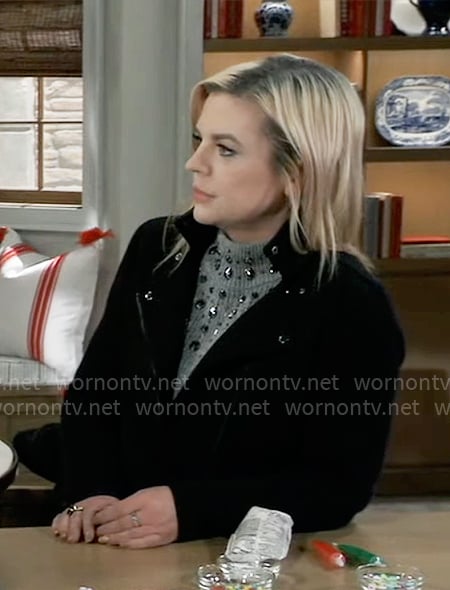 Maxie’s black moto jacket and embellished sweater on General Hospital