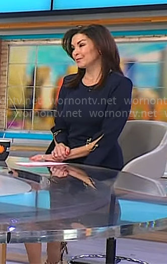 Meg Oliver’s navy chain sleeve dress on CBS Mornings