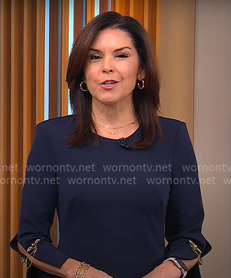 Meg Oliver’s navy chain sleeve dress on CBS Mornings