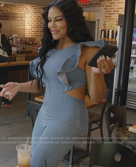 Mia’s denim ruffle dress on The Real Housewives of Potomac