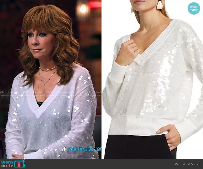 Milly Ilaria Sequined V-Neck Sweater in Ecru worn by Reba McEntire on The Voice