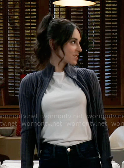 Molly’s navy rib knit cardigan on General Hospital