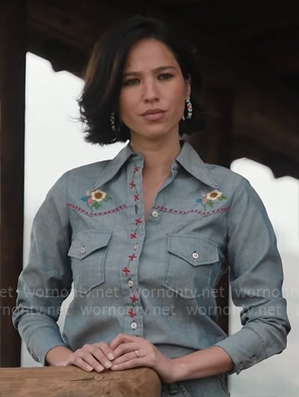 Monica’s floral embroidered chambray shirt on Yellowstone