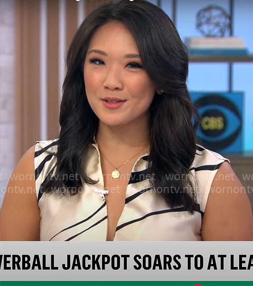 Nancy Chen’s wavy stripe pleated dress on CBS Mornings