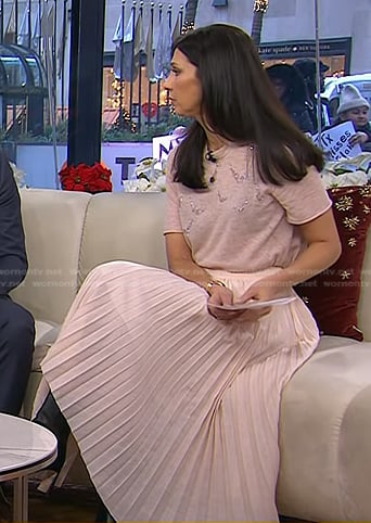 Natalie’s pink embellished top and pleated skirt on Today