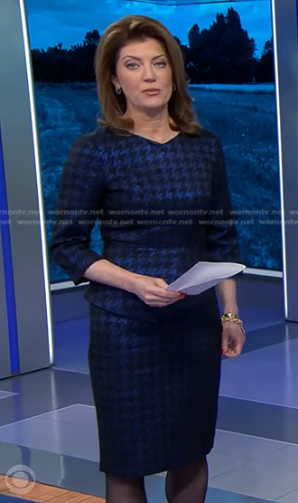 Norah’s blue houndsooth dress on CBS Evening News