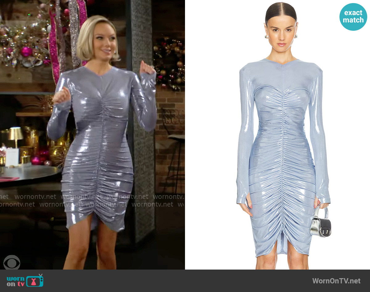 Norma Kamali Long Sleeve V Neck Shirred Front Dress To Knee in Misty Blue worn by Abby Newman (Melissa Ordway) on The Young and the Restless