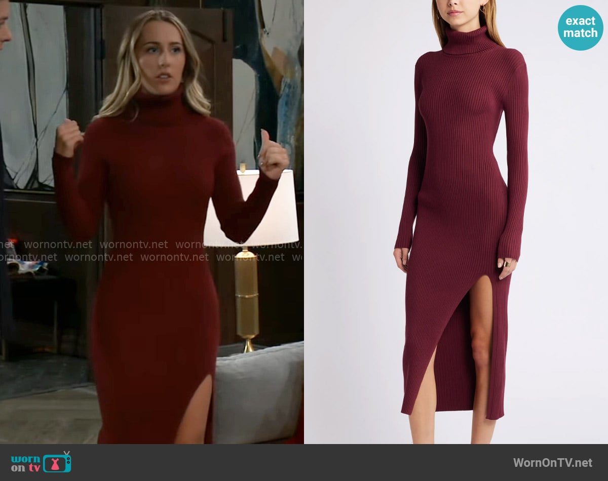 Open Edit Rib Long Sleeve Turtleneck Sweater Dress in Burgundy Field worn by Josslyn Jacks (Eden McCoy) on General Hospital