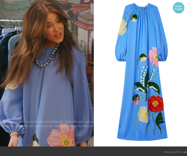 Oscar de la Renta Cerulean Poppy and Lily Long Sleeve Caftan worn by Brynn Whitfield on The Real Housewives of New York City
