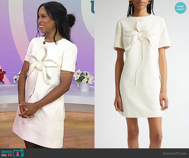 Oscar de la Renta Orchid Embroidered Tweed Shift Dress in Ivory worn by Kerry Washington on Today