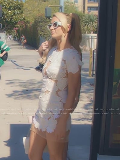 Paris’s white floral sheer mini dress on Paris and Nicole The Encore