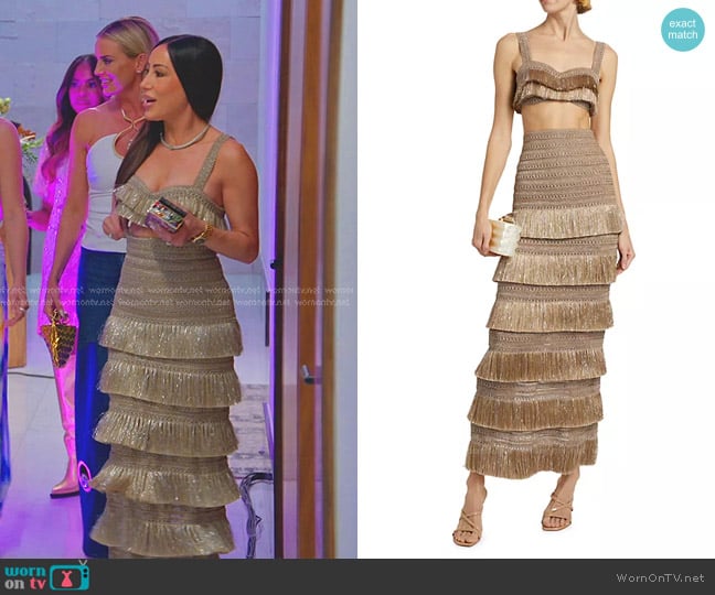 PatBO Metallic Fringe Bra Top in Gold worn by Angie Katsanevas on The Real Housewives of Salt Lake City