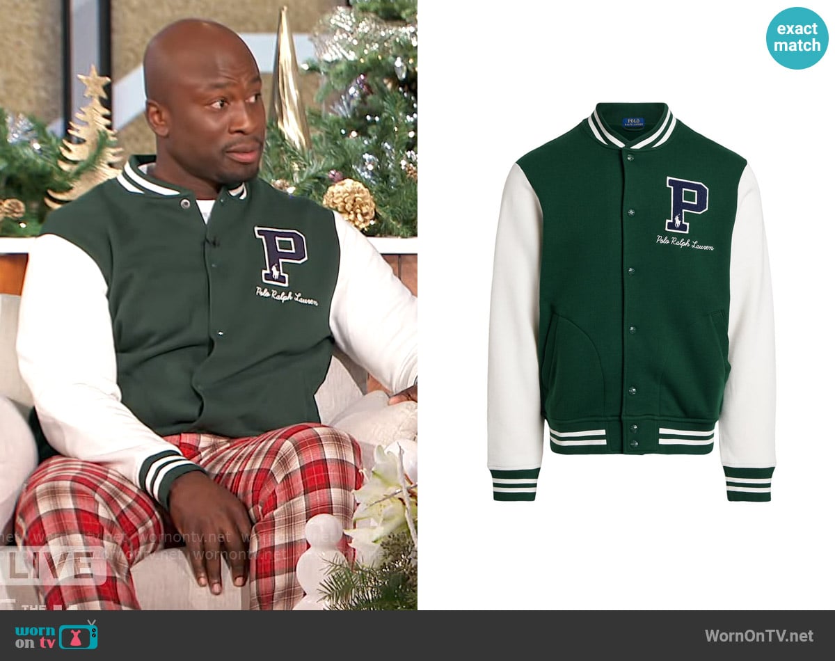 Polo Ralph Lauren Fleece Letterman Jacket worn by Akbar Gbajabiamila on The Talk