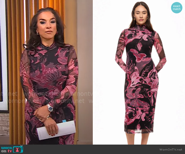 Prabal Gurung Collective Abstract Floral Mesh Midi Dress worn by Michelle Miller on CBS Mornings