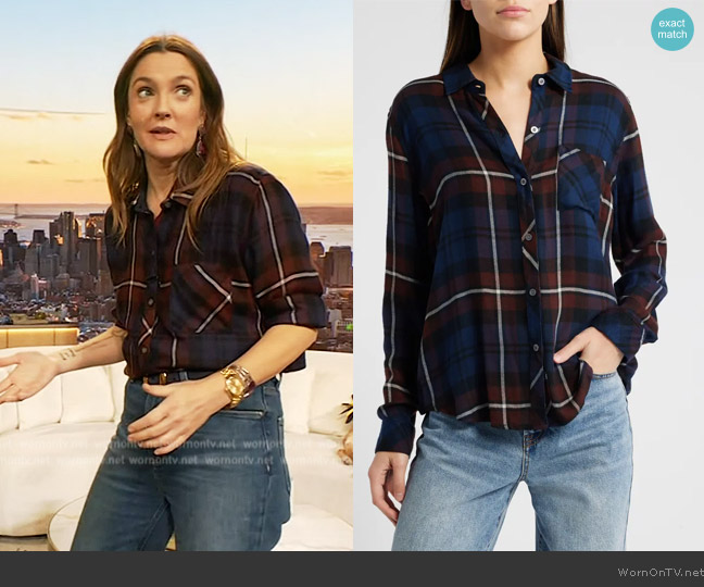 Rails Hunter Shirt in Chestnut Birch Navy worn by Drew Barrymore on The Drew Barrymore Show