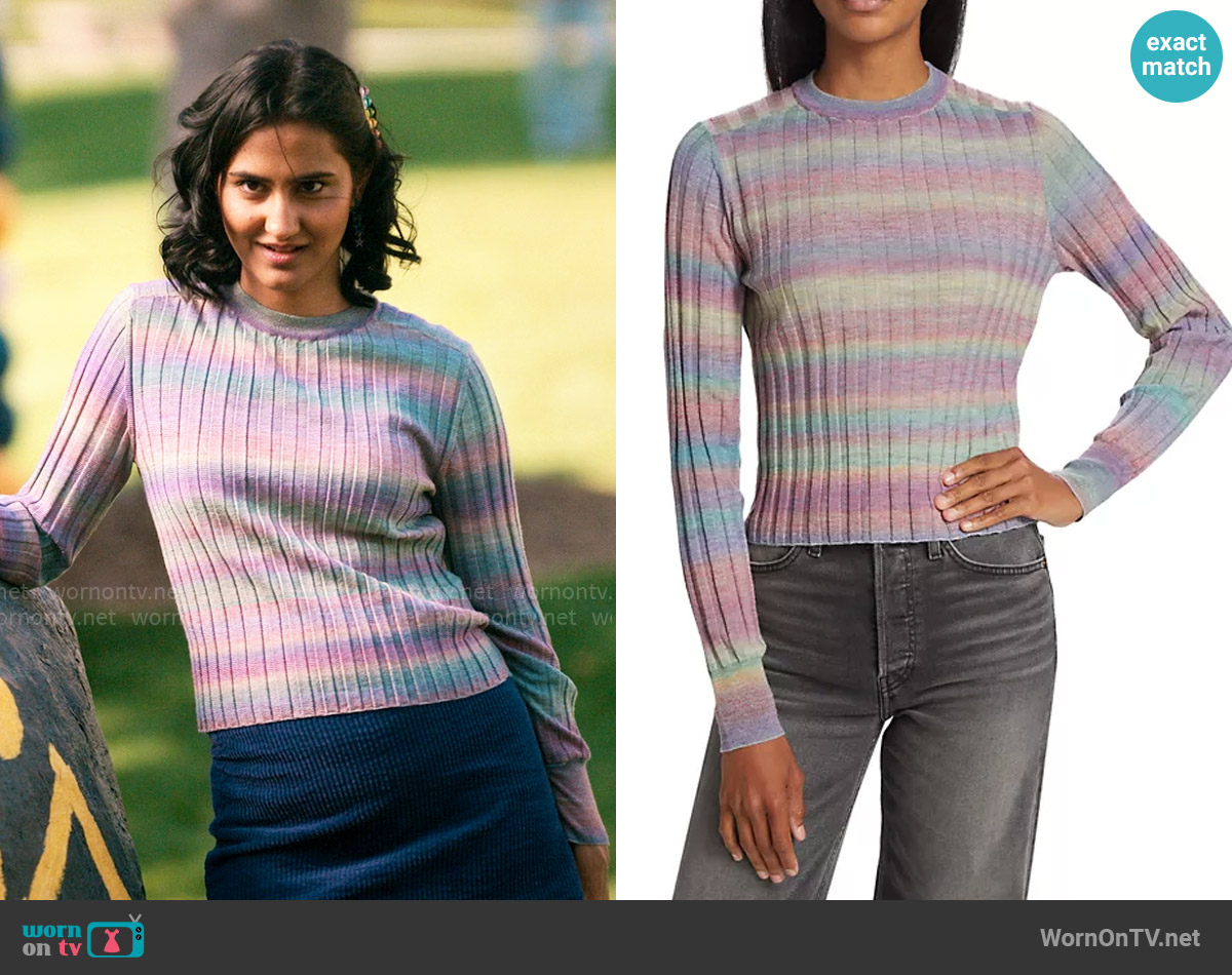 Re/Done Poor Boy Sweater in Spirulina Combo worn by Bela Malhotra (Amrit Kaur) on The Sex Lives of College Girls