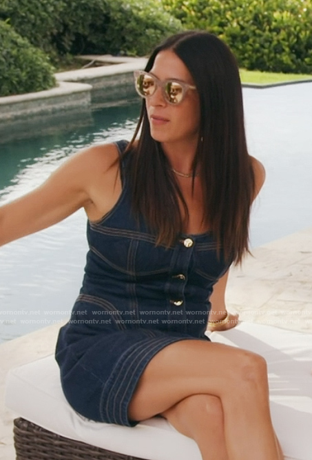 Rebecca’s denim sleeveless mini dress on The Real Housewives of New York City