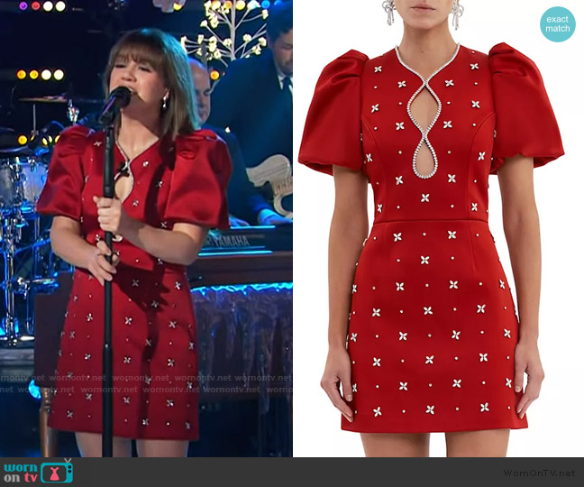 Rebecca Vallance Nicky Hilton x Rebecca Vallance Carmella Embellished Puff-Sleeve Minidress worn by Kelly Clarkson on The Kelly Clarkson Show