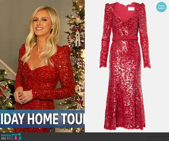 Rebecca Vallance x Nicky Hilton Leyla sequined midi dress worn by Nicky Hilton on Access Hollywood