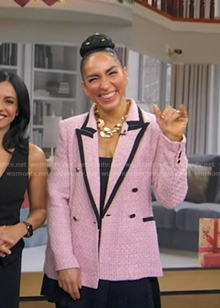 Robin Arzon’s pink textured blazer with black piping on Good Morning America
