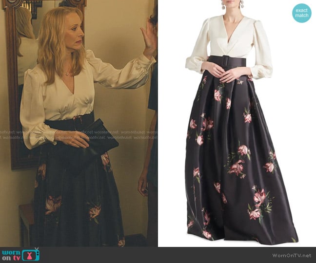 Sachin & Babi Zoe Floral Two-Tone Gown in Ivory Noir Blossom worn by Lydia Morgan (Lisa Kudrow) on No Good Deed