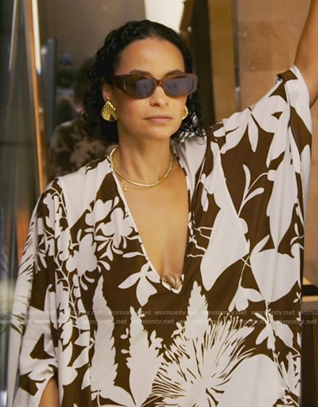 Sai’s brown floral print kaftan on The Real Housewives of New York City
