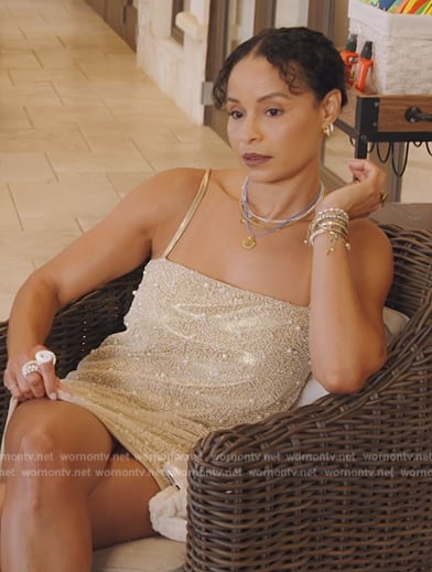 Sai’s beige pearl embellished mini dress on The Real Housewives of New York City