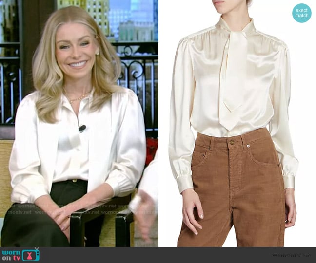 Saint Laurent Lavallière-neck Blouse In Silk Satin worn by Kelly Ripa on Live with Kelly and Mark