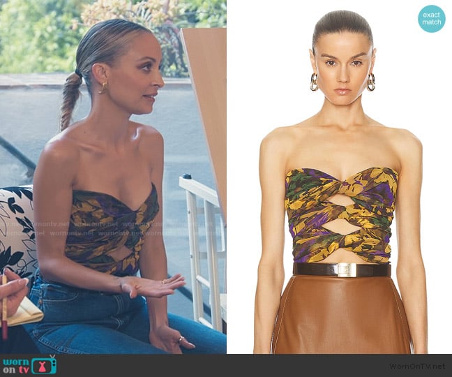 Saint Laurent Floral cutout tube top worn by Nicole Richie on Paris and Nicole The Encore